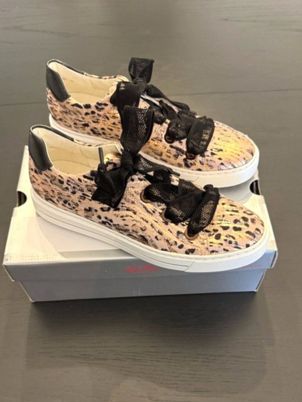 Ara NEW Courtyard High-Soft rose-gold bronze leopard leather sneakers US10